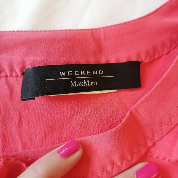 Weekend MaxMara Silk Ruffle Front Short Sleeve T-Shirt Blouse Pink Small - Picture 10 of 13